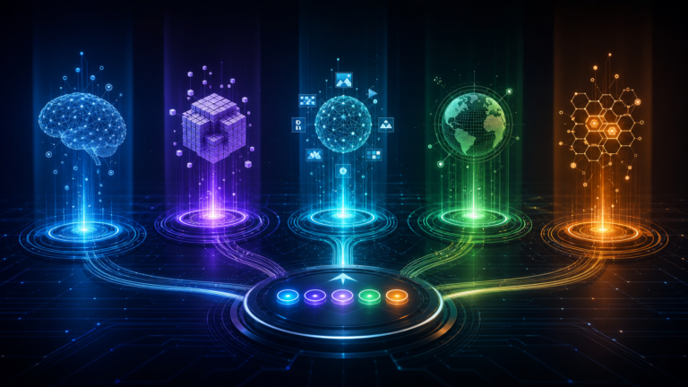 Cinco sistemas de inteligência artificial representando ChatGPT, Claude, Gemini, Grok e DeepSeek
