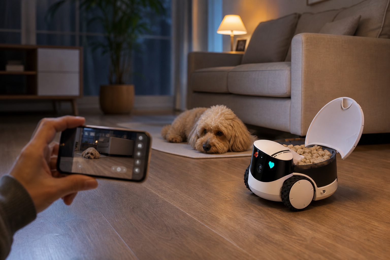 Enabot EBO ROLA PetPal sendo controlado pelo celular para monitorar um cachorro