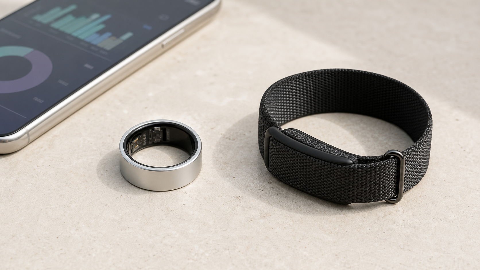 Smart Ring vs Fitbit Air lado a lado com celular exibindo dados de saúde
