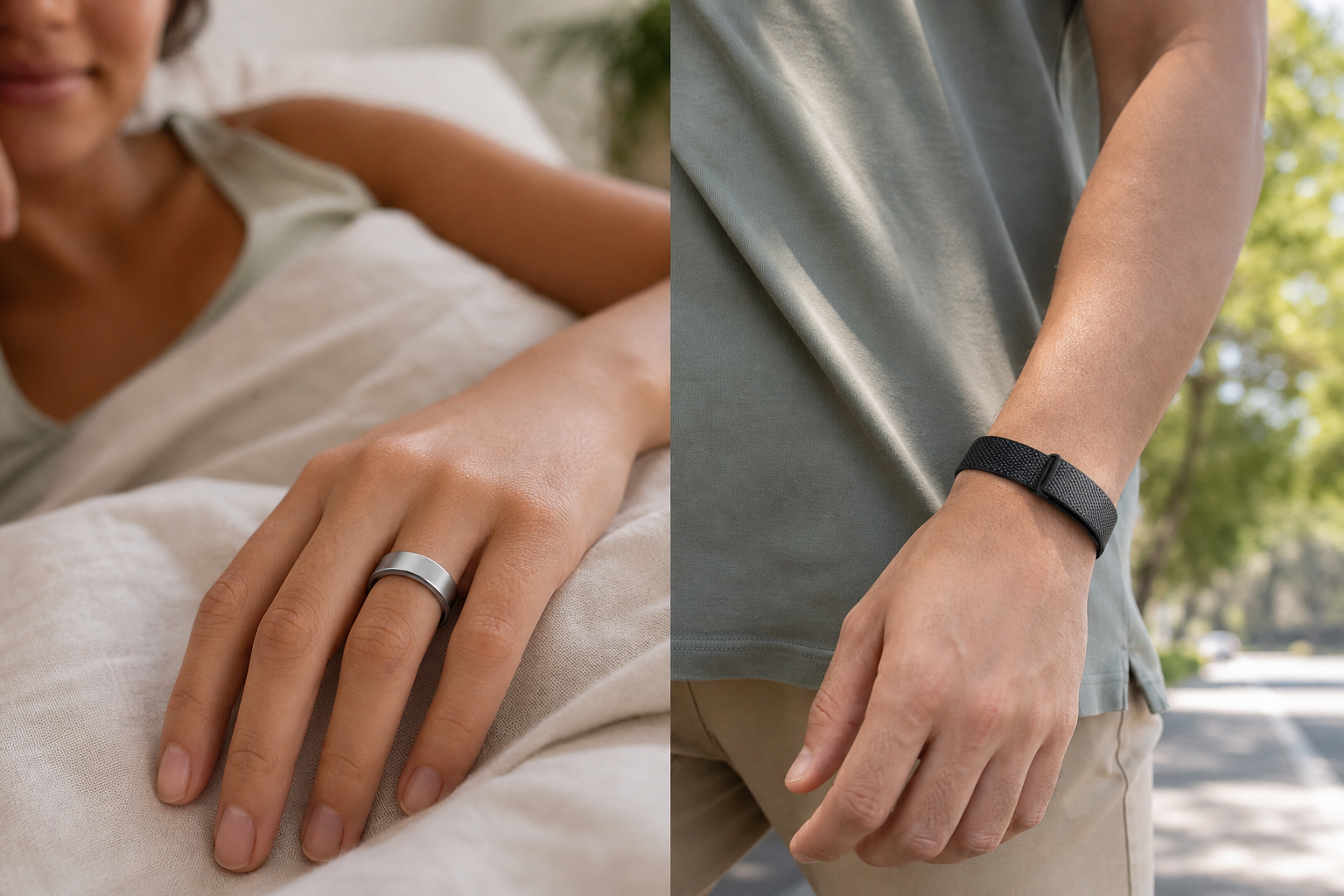 Pessoa usando Galaxy Ring para dormir e outra usando Fitbit Air durante caminhada