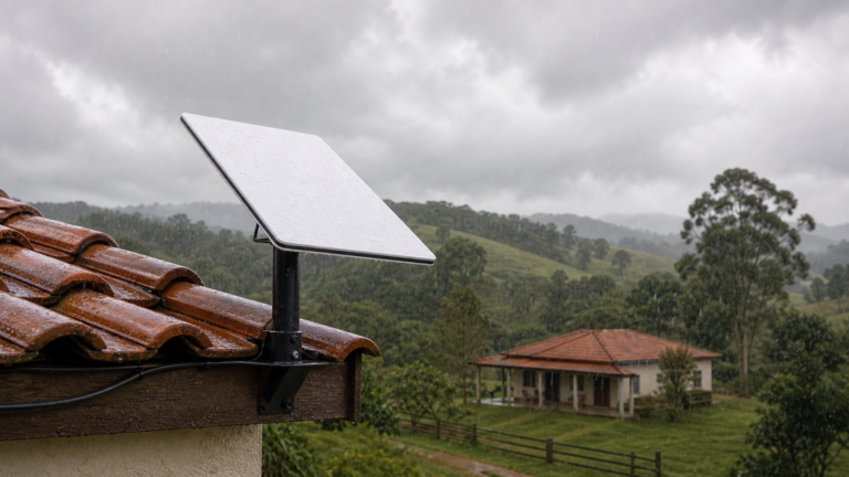 antena de internet via satélite instalada em casa rural durante chuva