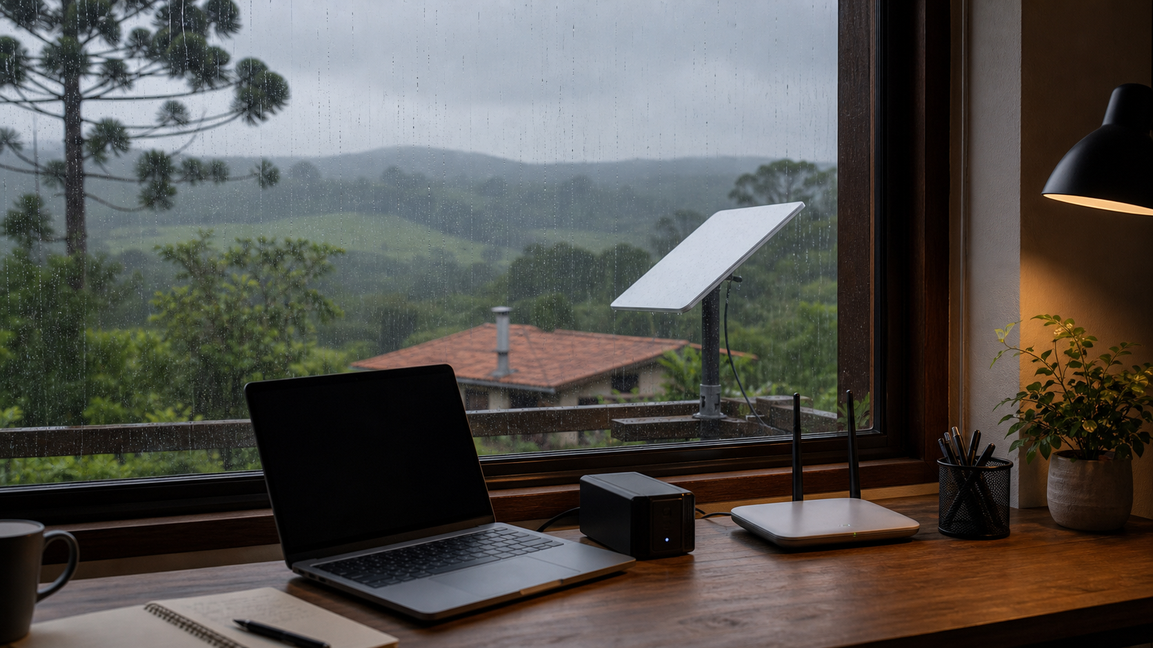 home office em dia de chuva com internet via satélite roteador e notebook