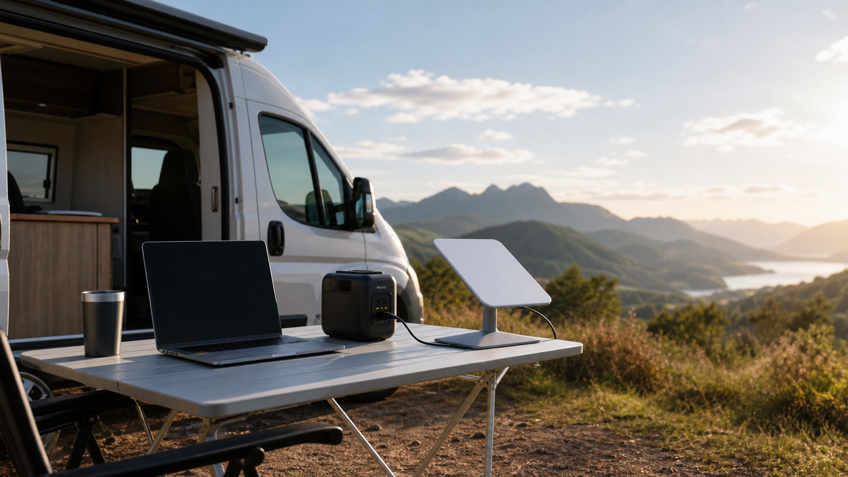 Starlink Mini em uso com motorhome notebook e estação de energia portátil