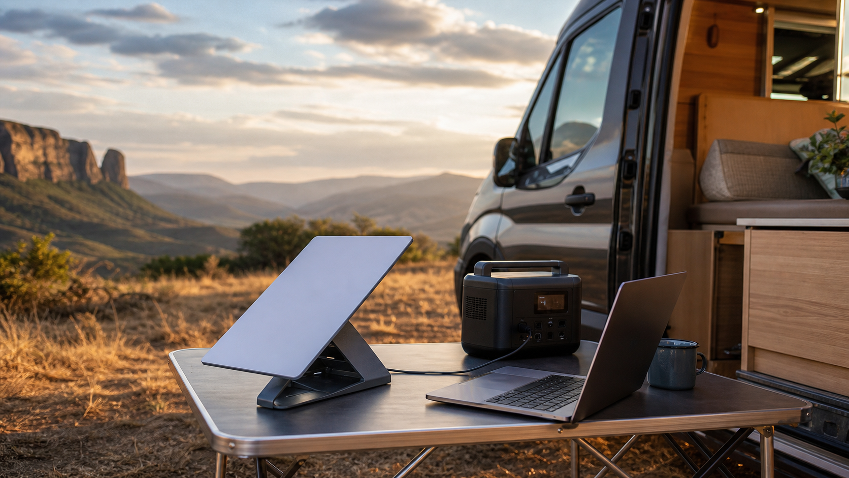 terminal portátil de internet via satélite em motorhome com notebook para viagem e trabalho remoto