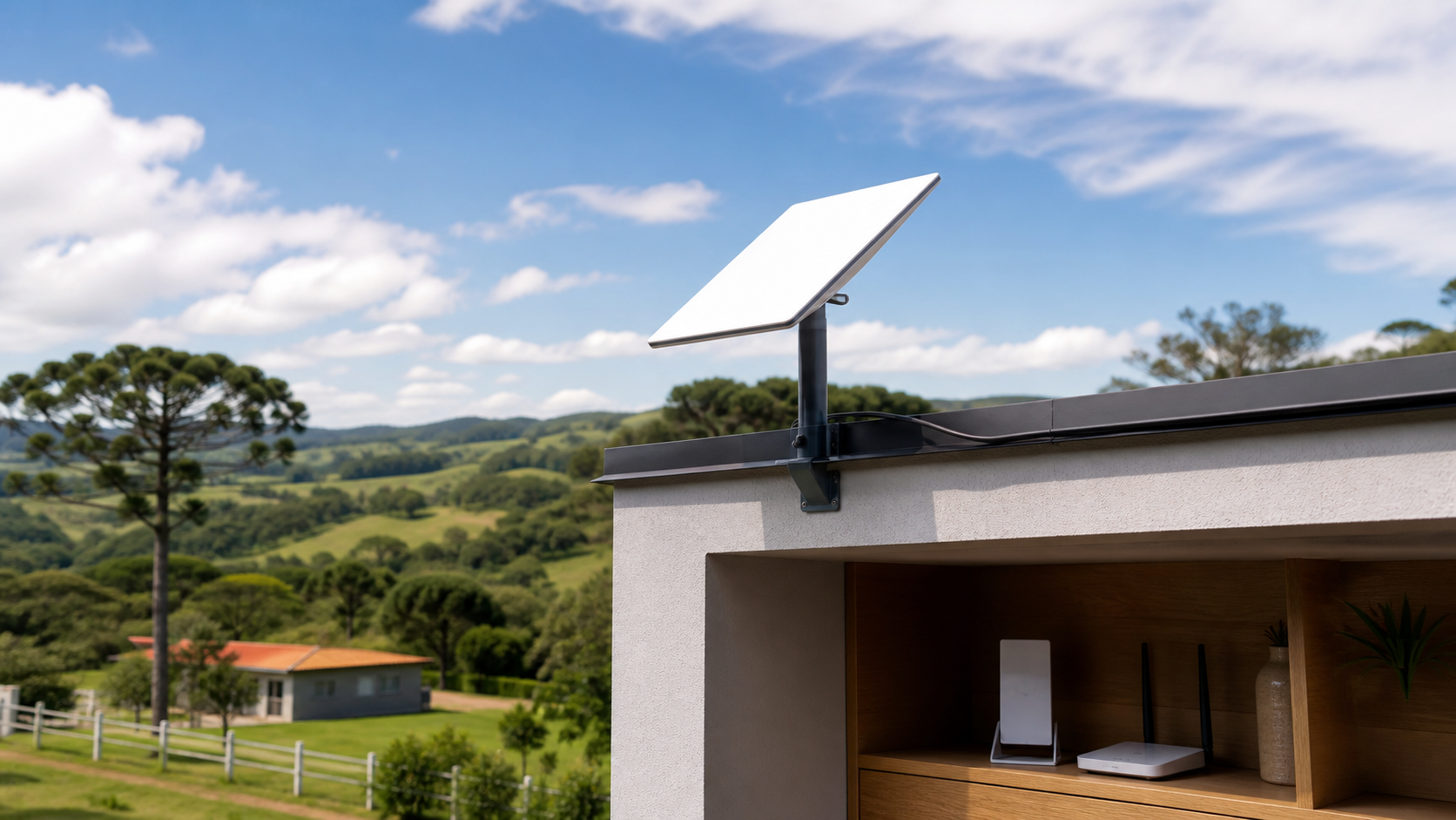 antena de internet via satélite instalada em casa rural para escolher qual Starlink comprar em 2026